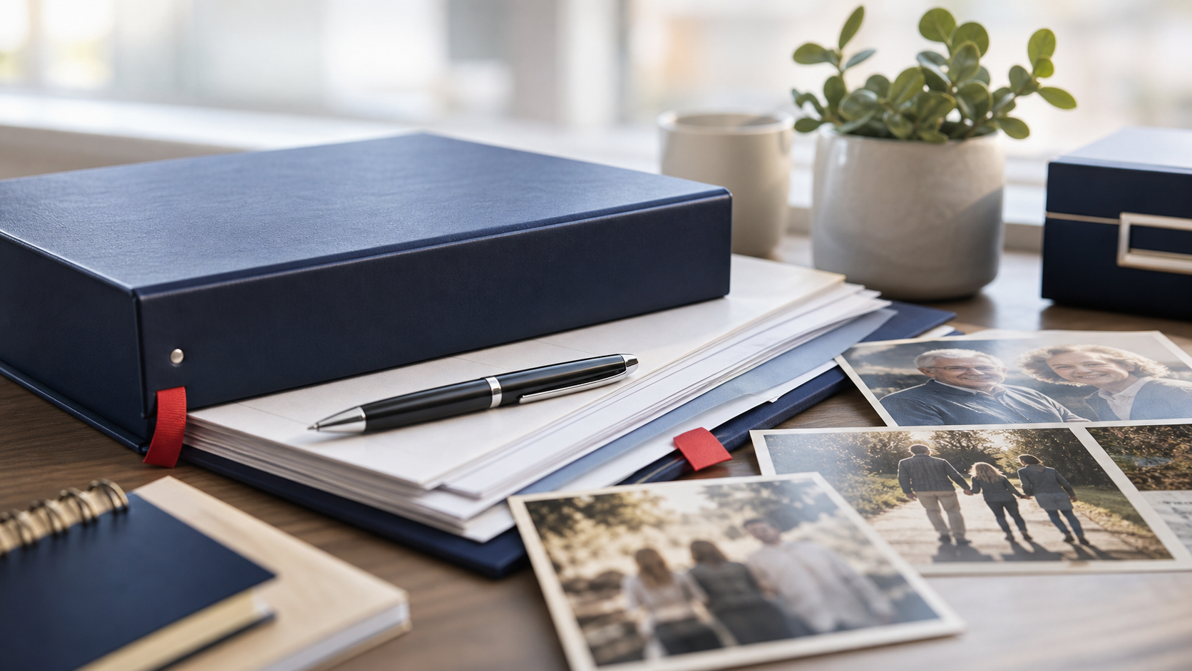 Organized estate binder, documents, and family photographs